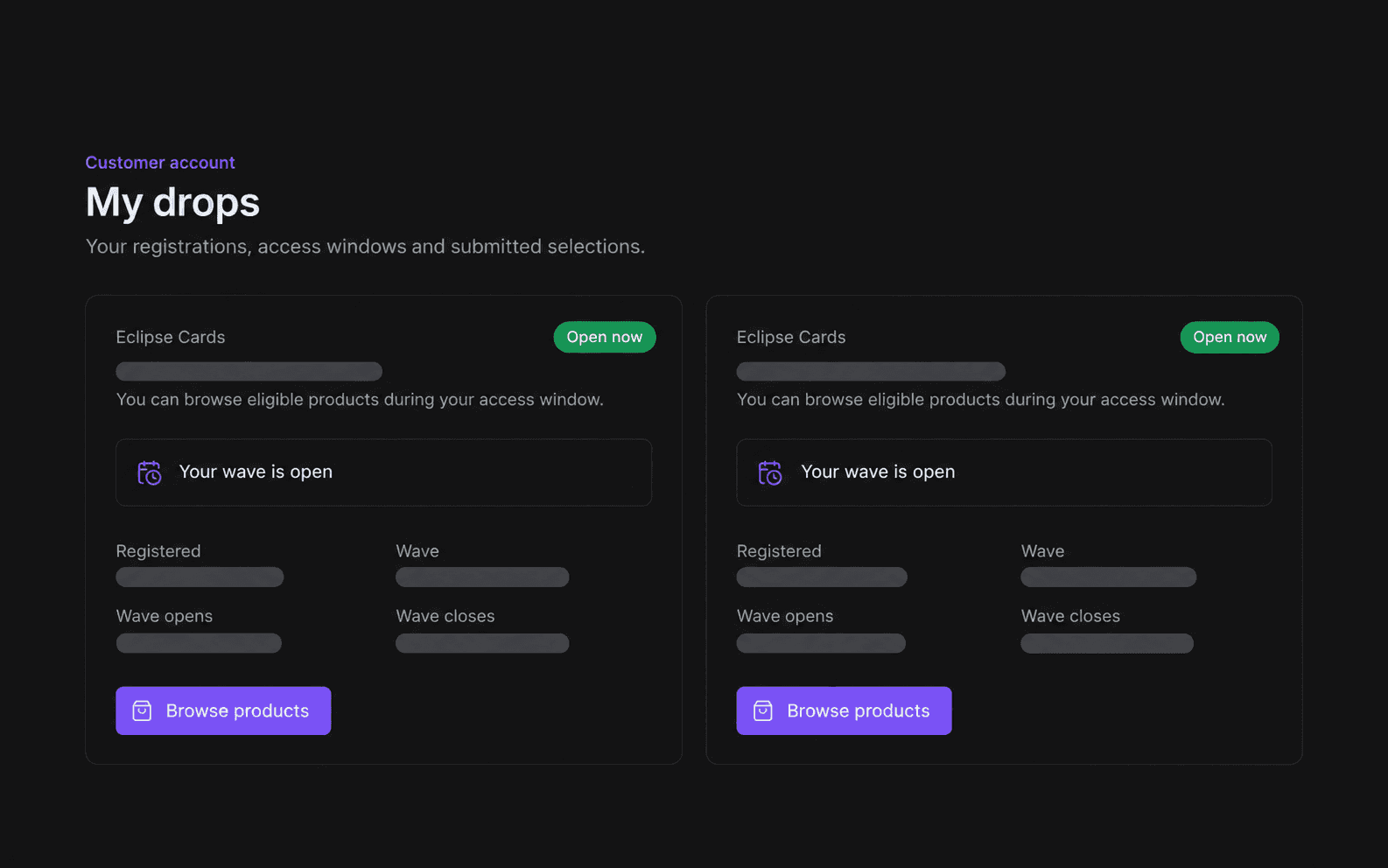 Eclipse Surge customer account showing drop and access status with fixture details minimised